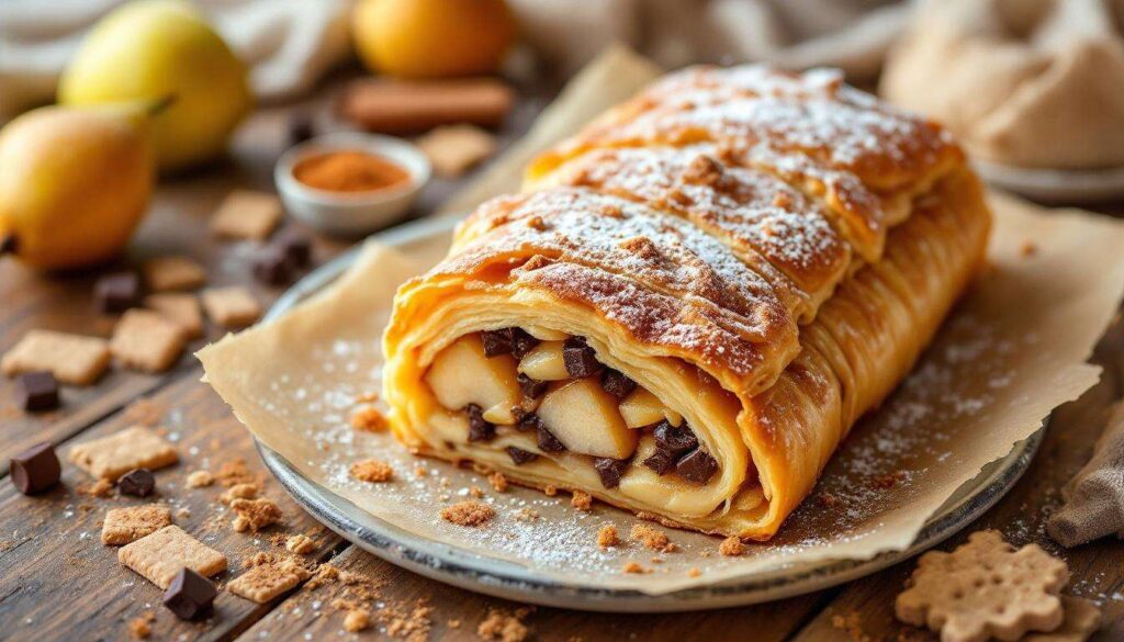 Strudel pere e cioccolato con pasta sfoglia: croccante fuori, morbido dentro