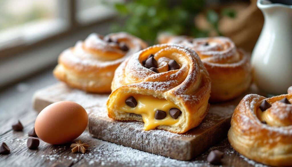 Girelle di pasta sfoglia con crema e gocce di cioccolato facili e veloci