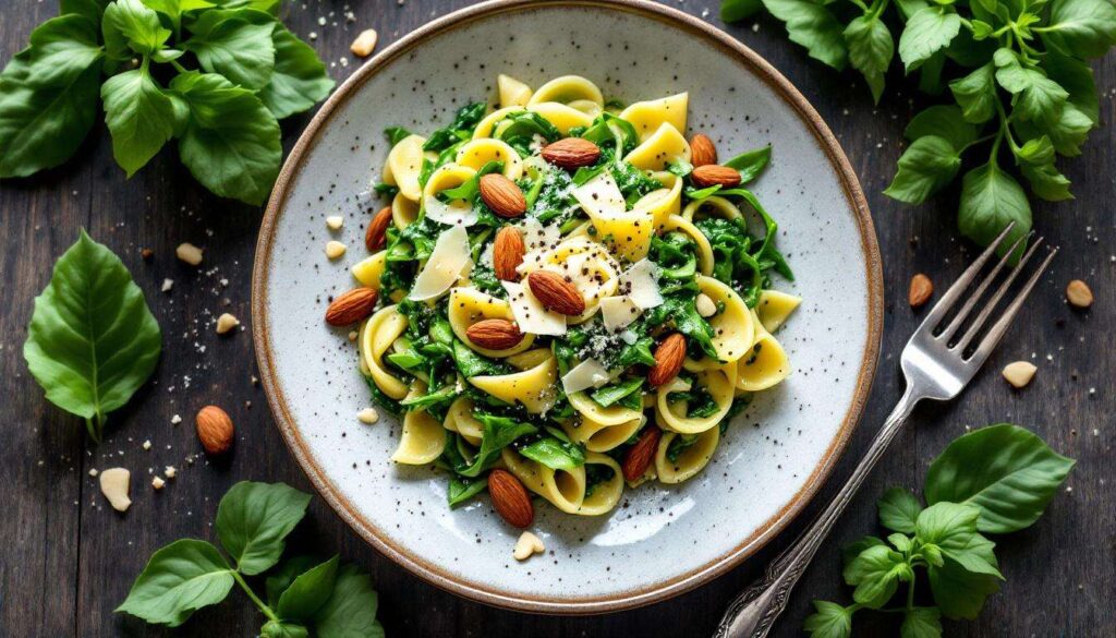 Pasta con pesto di rucola e mandorle, una variante che sorprende: anche nei migliori ristoranti la fanno così