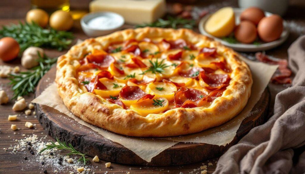 Torta rustica di pasta sfoglia con prosciutto cotto scamorza e patate