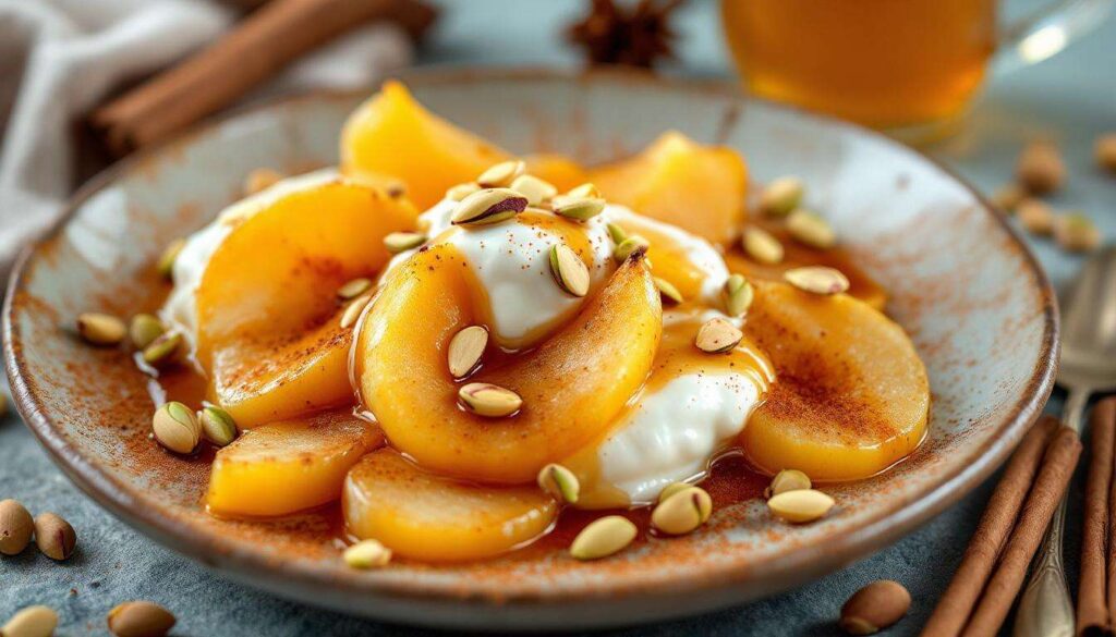 Pere caramellate allo sciroppo di cannella: dessert facile con yogurt e pistacchi