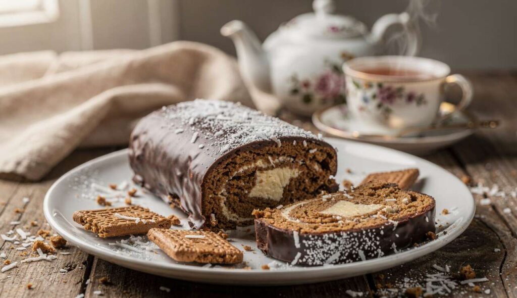 Bounty roll senza cottura: con i biscotti e il latte condensato si prepara un gustoso dolcetto per il tè