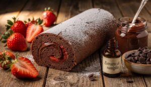 Rotolo fragole e cioccolato: pasta biscotto al cacao soffice che non si rompe